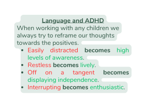 Language and ADHD When working with any children we always try to reframe our thoughts towards the positives Easily distracted becomes high levels of awareness Restless becomes lively Off on a tangent becomes displaying independence Interrupting becomes enthusiastic